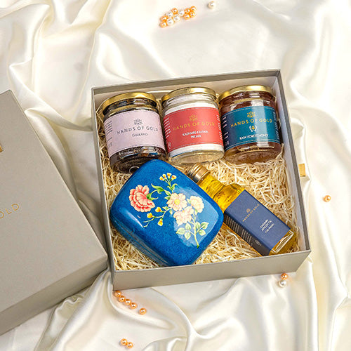 Kashmiri Kahwa Premix + Gulkand + Raw Forest Honey + Kashmiri Apricot Oil + Paper Mache Box